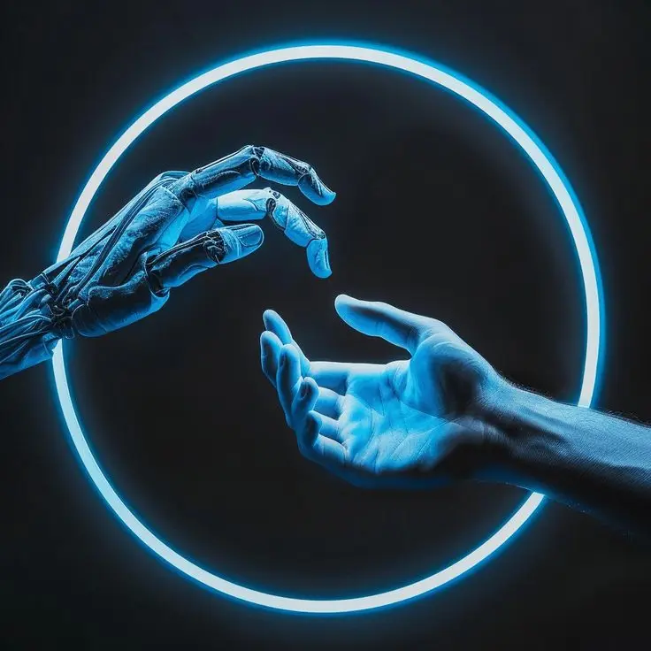 Human and AI hands reaching toward each other